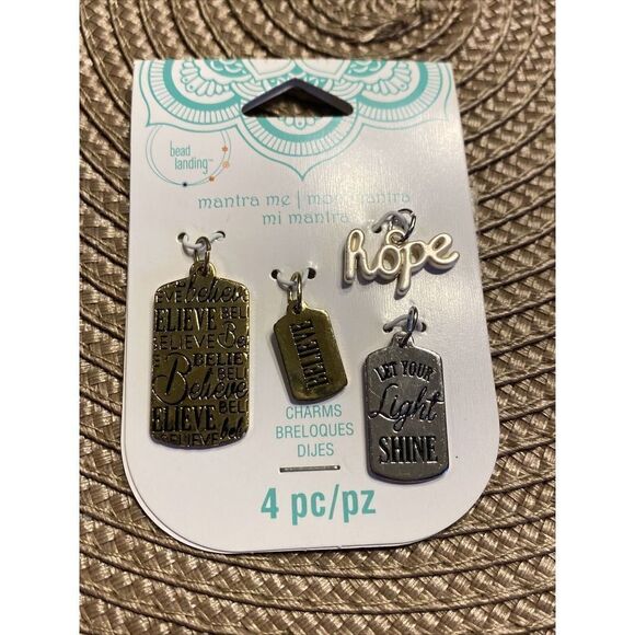 Bead Landing mantra me, Believe, Hope, Let Your Light Shine, 4 Piece Charms - Picture 1 of 4